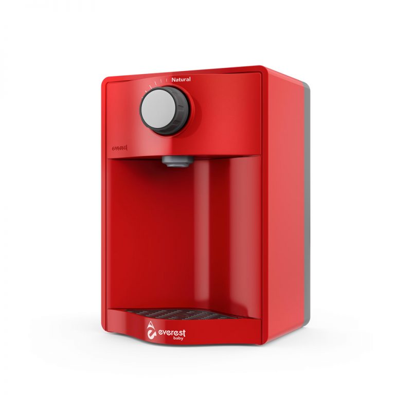Purificador de água Everest Baby na cor cereja, modelo compacto de ponto de uso sem refrigeração